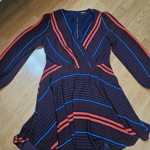 Express Red and Blue Striped Long Sleeve Dress